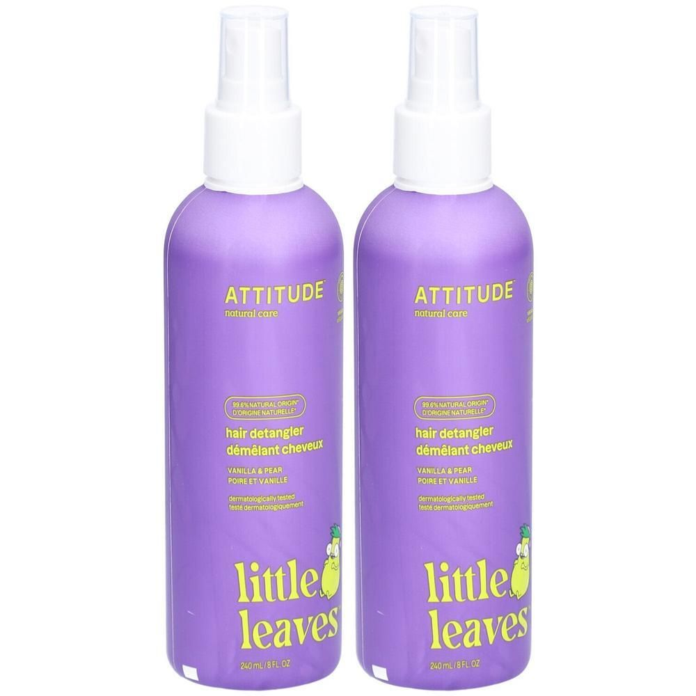 Deux flacons vaporisateurs ATTITUDE Little Leaves™ démêlant pour cheveux lavande, parfum Poire & Vanille.