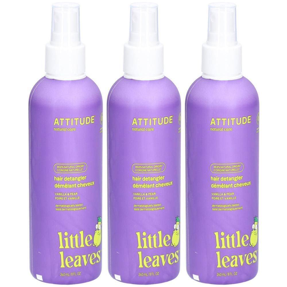 Trois flacons violets ATTITUDE Little Leaves™ Démêlant cheveux, parfum Poire et Vanille.