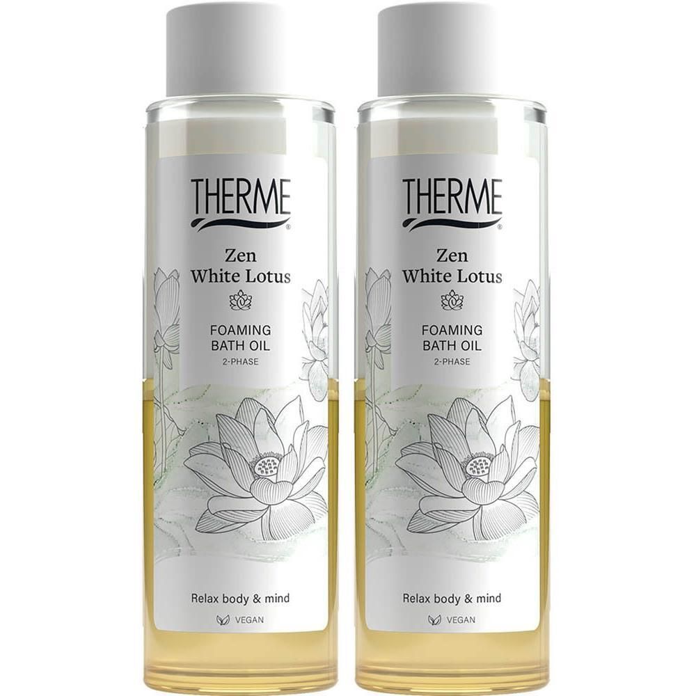 Deux flacons d'huile de bain moussante Therme Zen White Lotus, 2 phases.