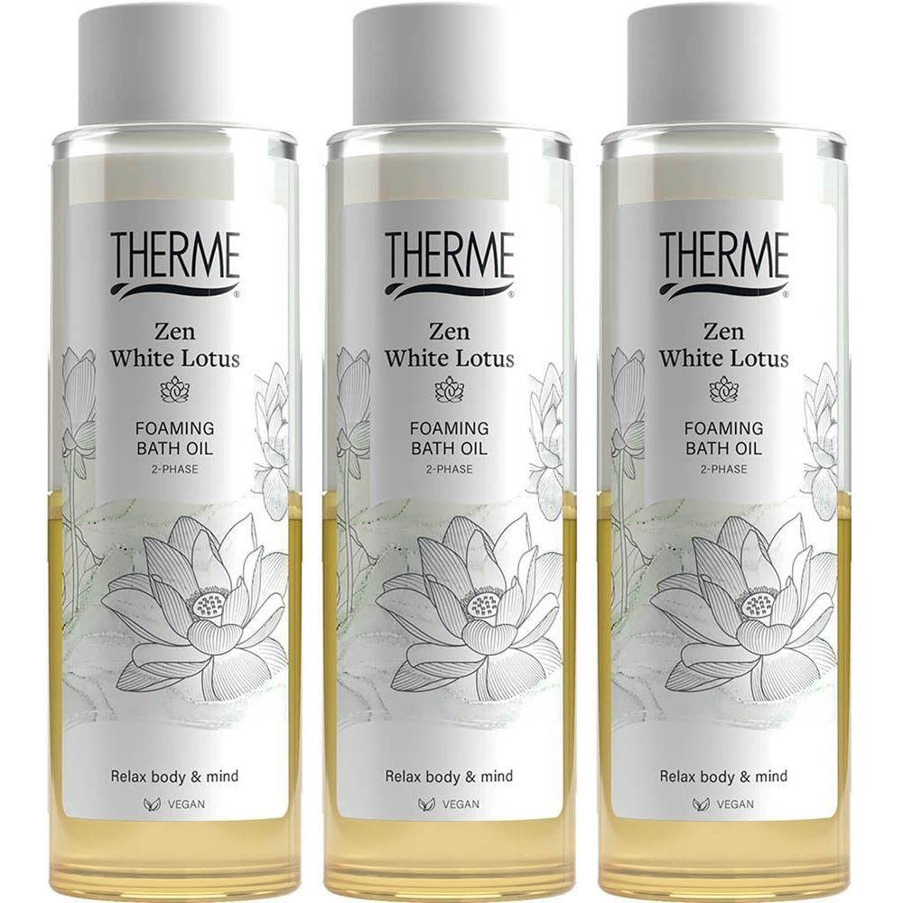 Trois flacons d'huile de bain moussante Therme Zen White Lotus, 2 phases, avec motif de lotus.