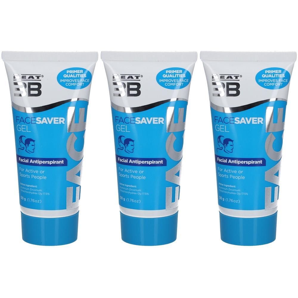 Drie tubes Face Saver Gel, een gezichts-anti-transpirant voor actieve mensen.
