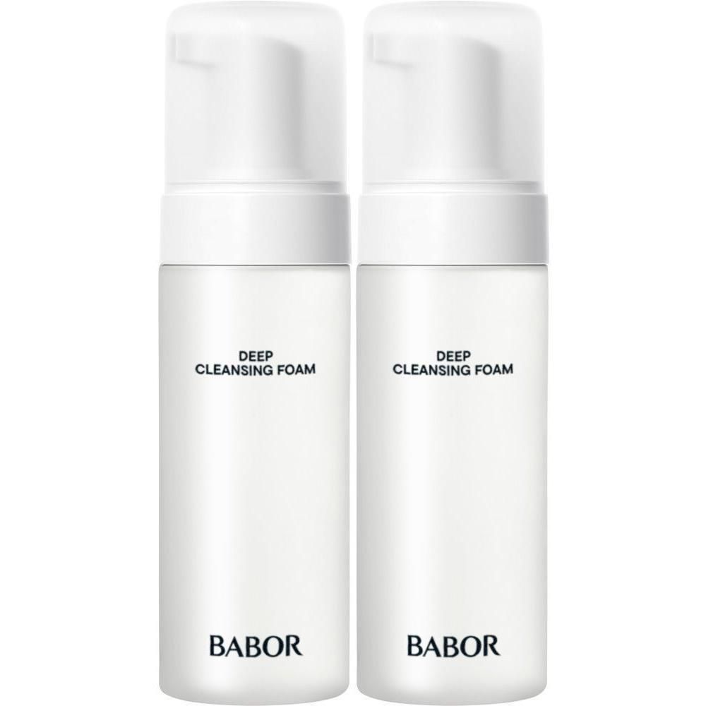 Twee witte flacons Babor Deep Cleansing Foam met pompdosering.