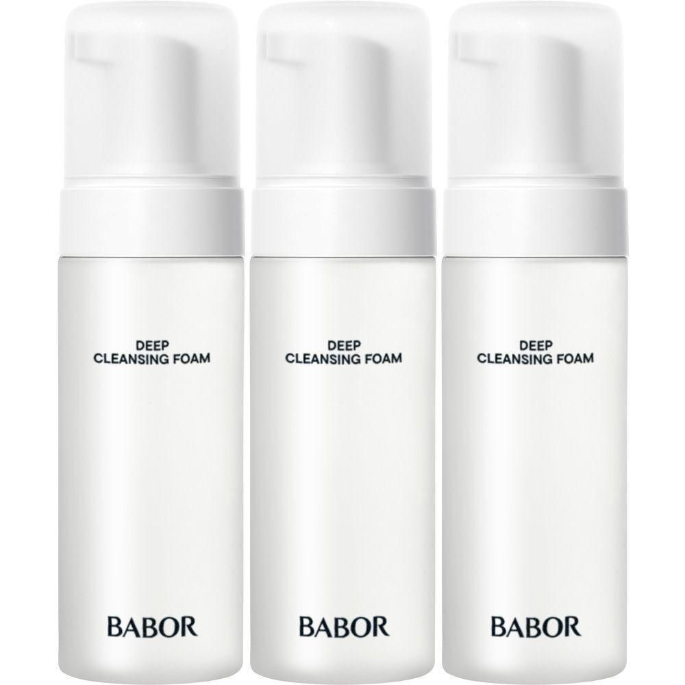 Drie witte flacons Babor Deep Cleansing Foam met pompdoseerders.