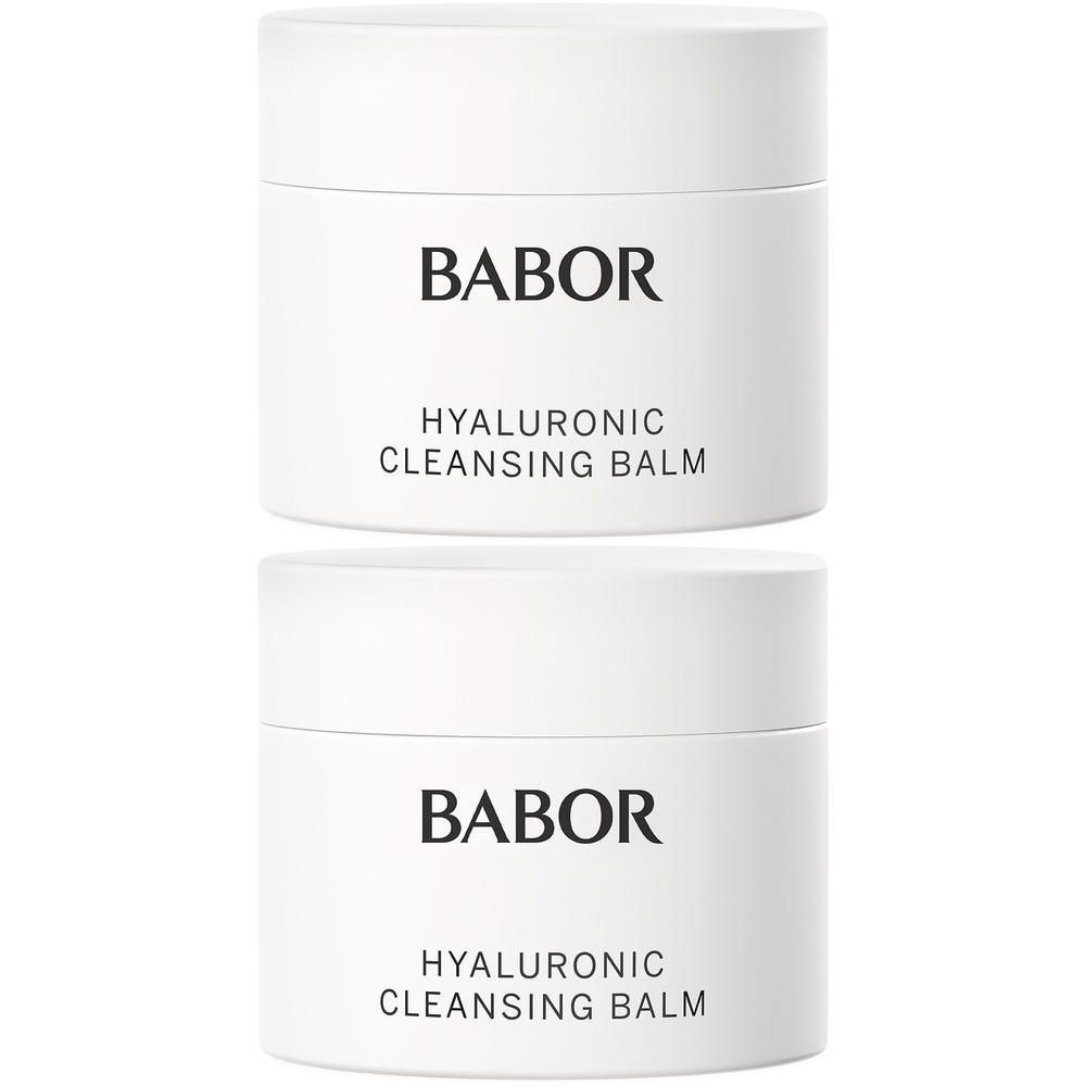 Deux pots blancs de BABOR Hyaluronic Cleansing Balm côte à côte.