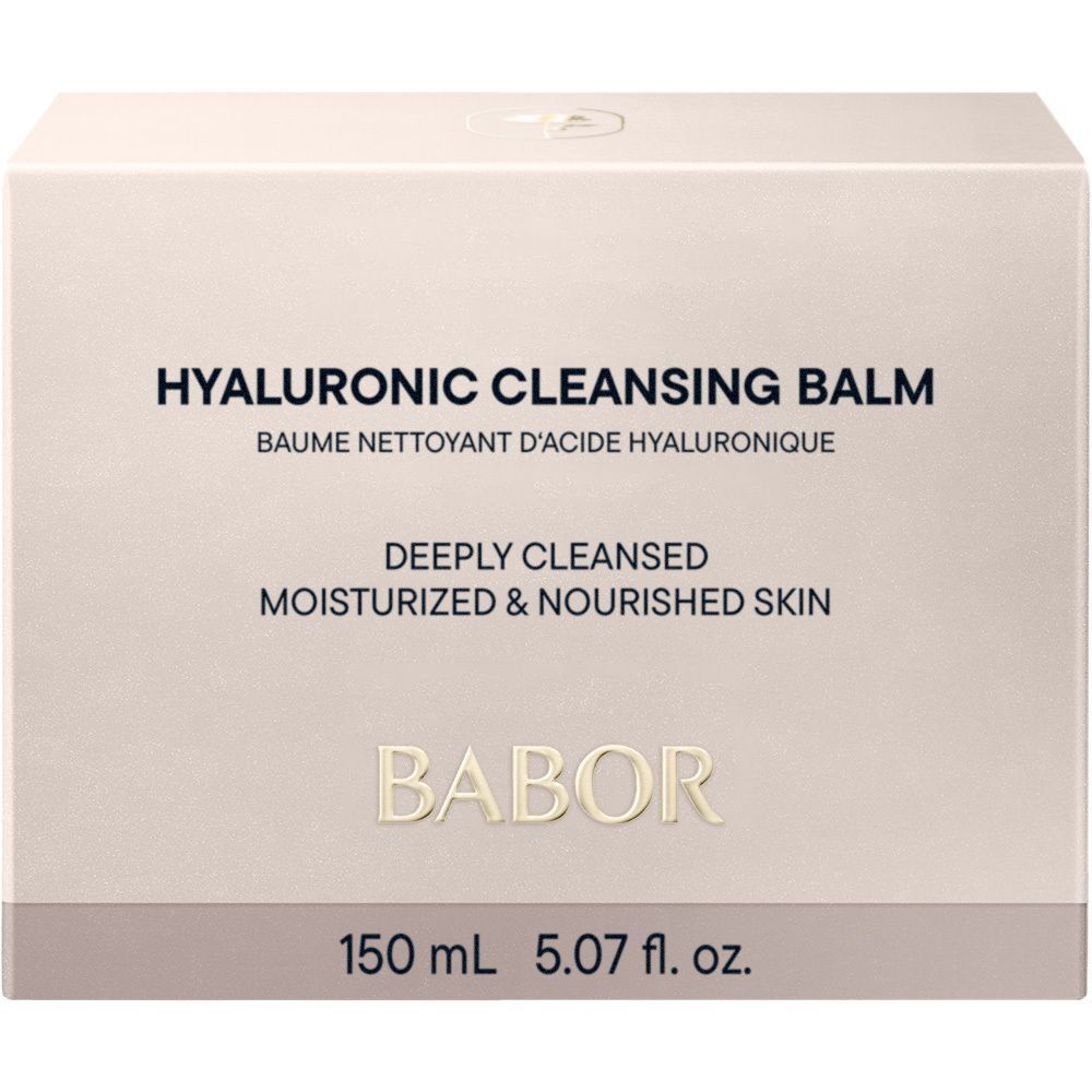 BABOR Hyaluronic Cleansing Balm verpakking, 150 ml. Tekst: Deeply Cleansed, Moisturised & Nourished Skin.