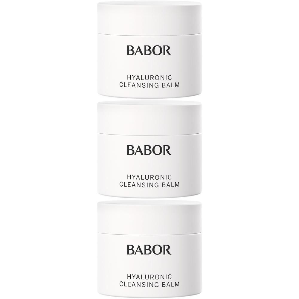 Trois pots blancs de BABOR Hyaluronic Cleansing Balm.