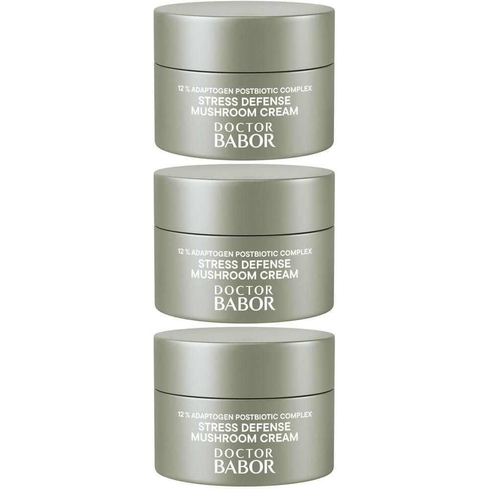 Trois pots de BABOR Crème aux Champignons Anti-Stress côte à côte.