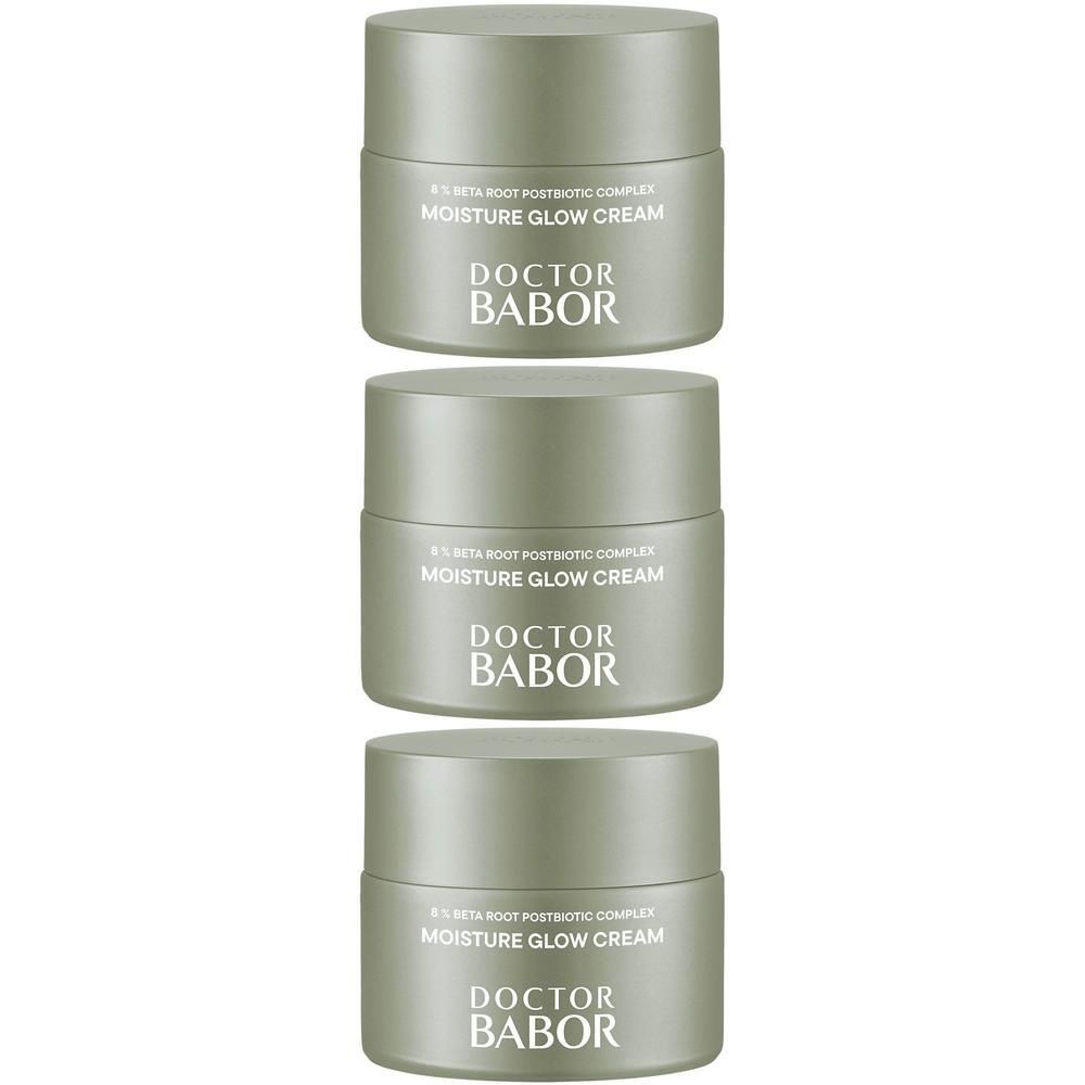 Trois pots de crème hydratante BABOR avec couvercles argentés et inscriptions.