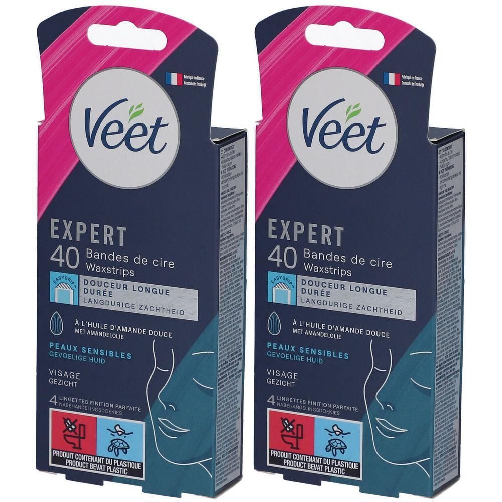 Deux paquets de 40 bandes de cire Veet Expert pour le visage, à l'huile d'amande douce pour peaux sensibles.