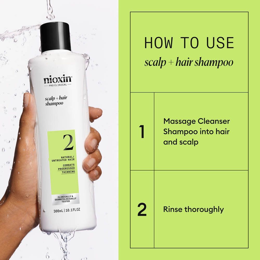 Bouteille de shampooing Nioxin System 2 pour cuir chevelu et cheveux, 300ml.