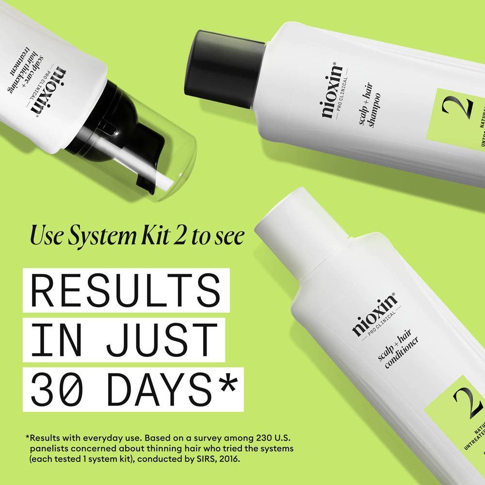 Trois produits Nioxin pour les soins capillaires sur fond vert.
