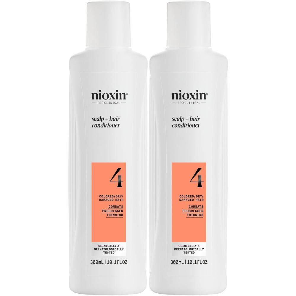 Deux bouteilles de Nioxin Scalp Care + Hair Conditioner, Système 4, pour cheveux colorés/secs, 300ml.