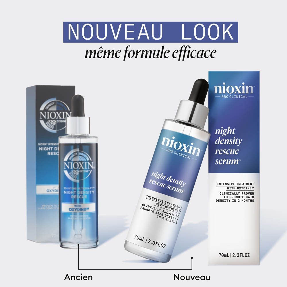 Sérum Nioxin Night Density Rescue, ancien et nouveau packaging, 70ml chacun.