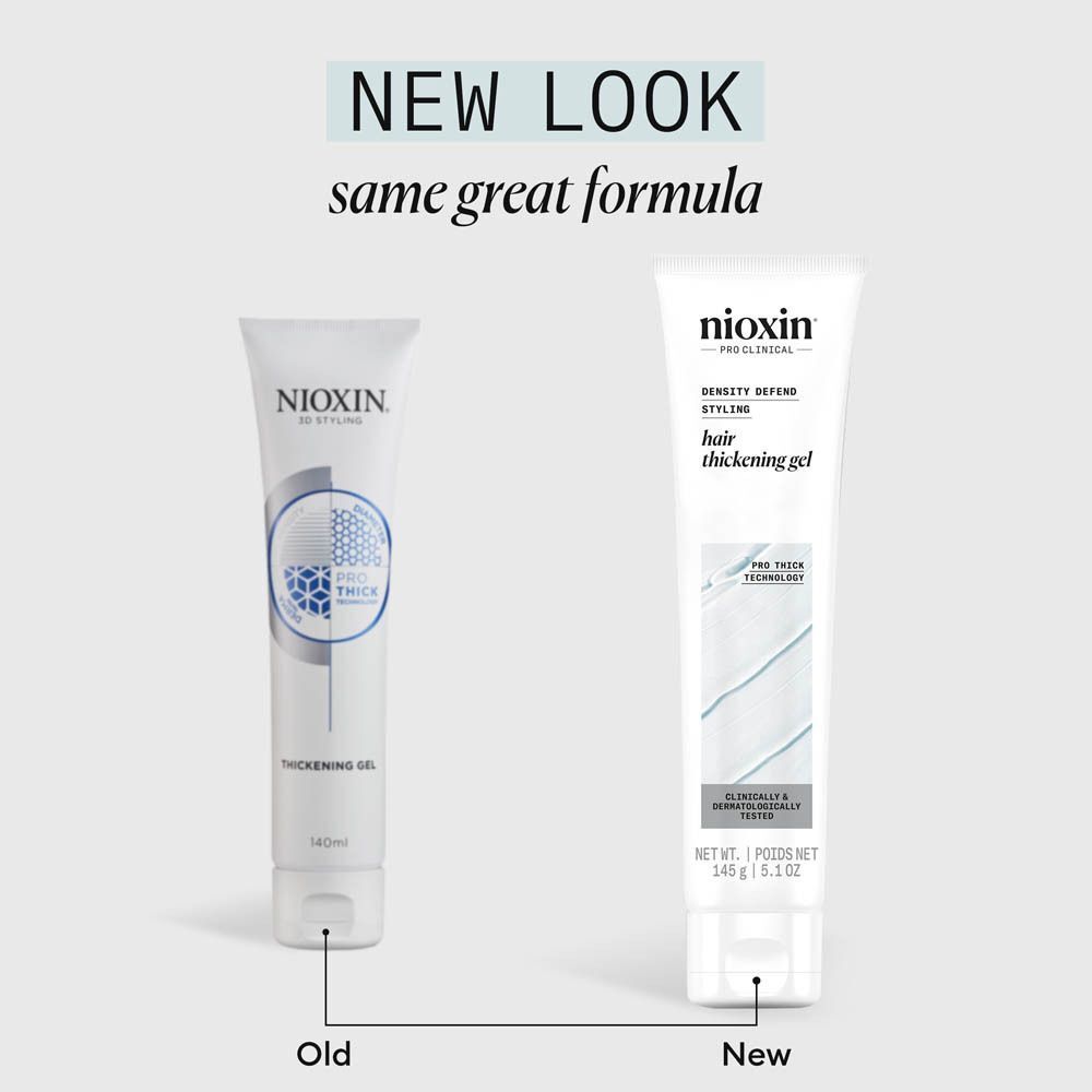 Twee Nioxin Pro Clinical verdikkende gel tubes: 'Old' (140ml) en 'New' (340g/5.5oz). 'New Look, Same Great Formula'.