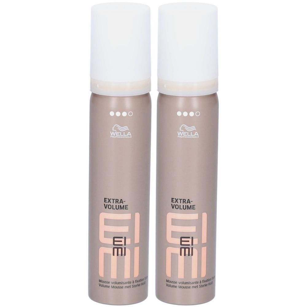 Twee flacons Wella Professionals EIMI Extra Volume Mousse in neutrale tint met witte doppen.
