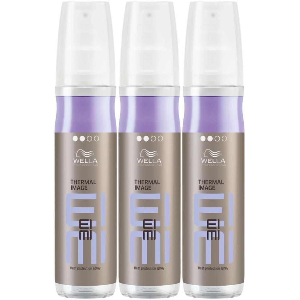 Trois flacons de spray protecteur thermique Wella EIMI Thermal Image.