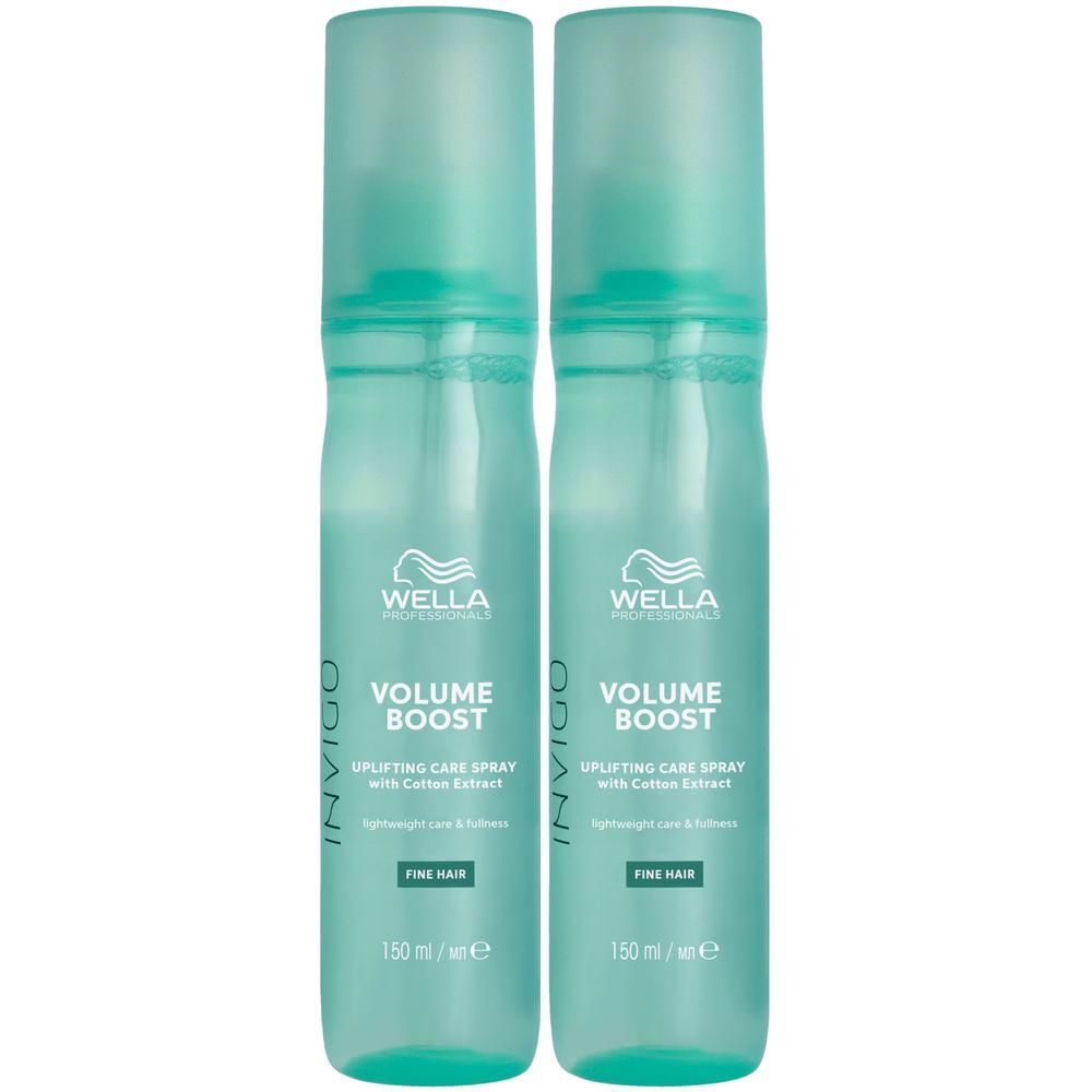Twee flacons Wella Professionals Invigo Volume Boost verzorgingsspray voor fijn haar, 150 ml.