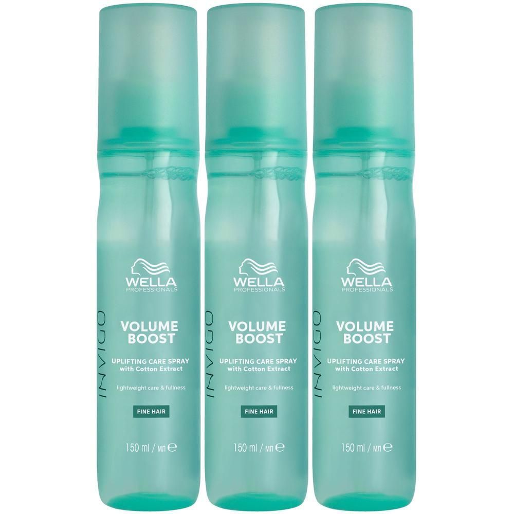Trois flacons de spray soin Invigo Volume Boost WELLA PROFESSIONALS pour cheveux fins, 150 ml.