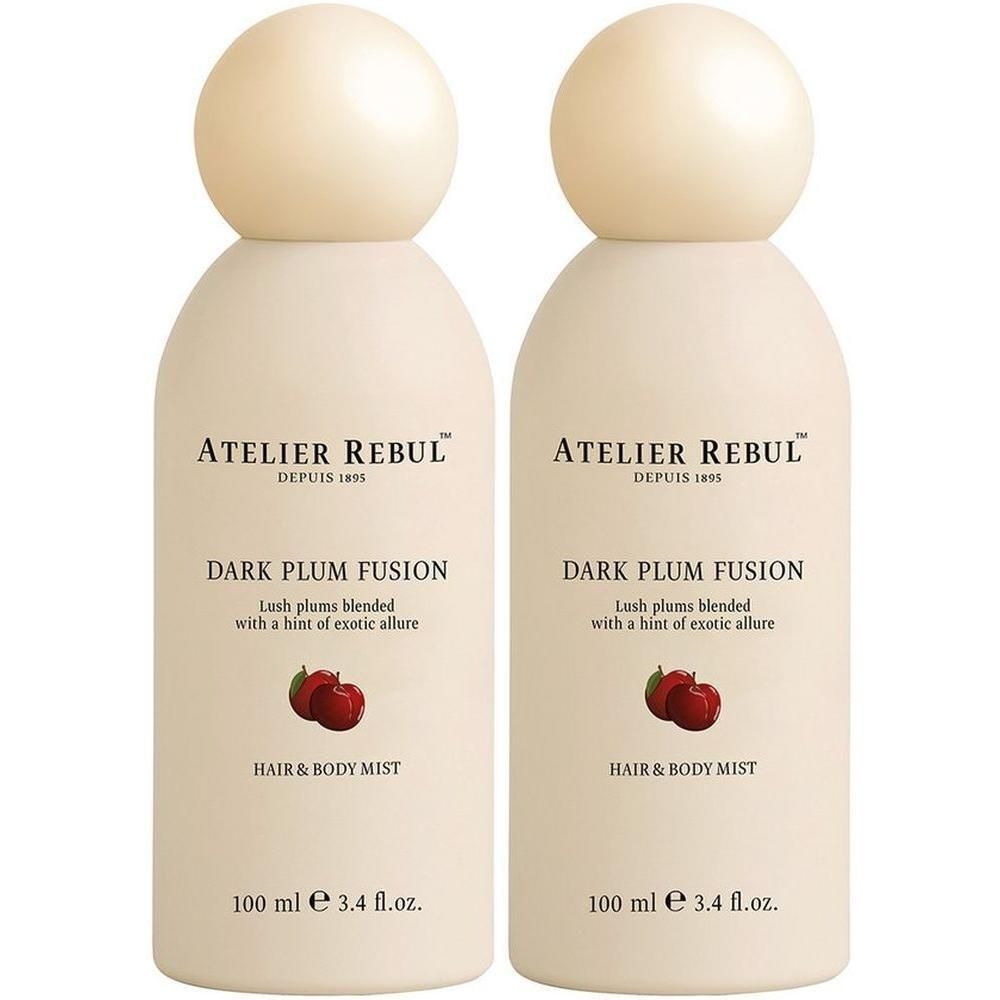 Twee flessen Atelier Rebul Dark Plum Fusion Haar & Body Mist, elk 100 ml.