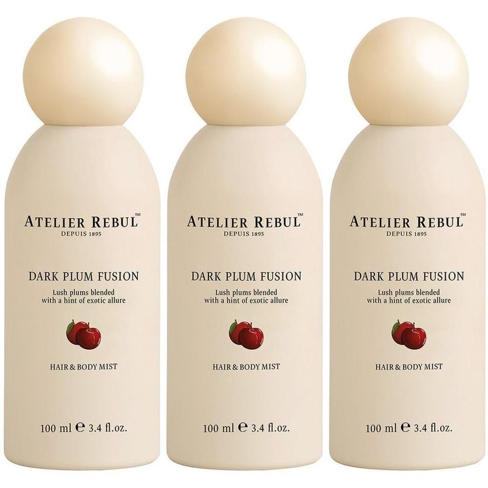 Drie flessen Atelier Rebul Dark Plum Fusion Haar & Body Mist, elk 100 ml.