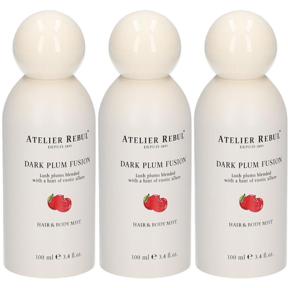 Trois flacons Atelier Rebul Dark Plum Fusion Hair & Body Mist, 100 ml chacun.