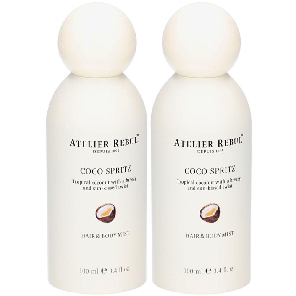 Deux flacons de brume pour cheveux et corps ATELIER REBUL Coco Spritz, 100 ml.