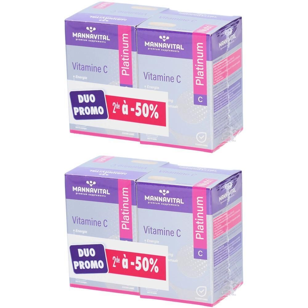 Twee pakken Mannavital Vitamine C Platinum met "Duo Promo 2e à -50%" opdruk.