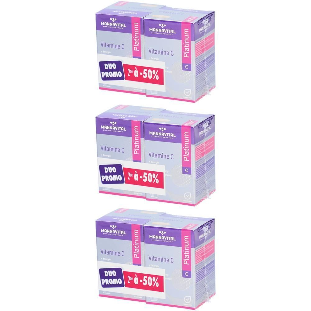 Trois paquets Mannavital Vitamine C Platinum Duo Promo avec -50% sur le 2ème paquet.