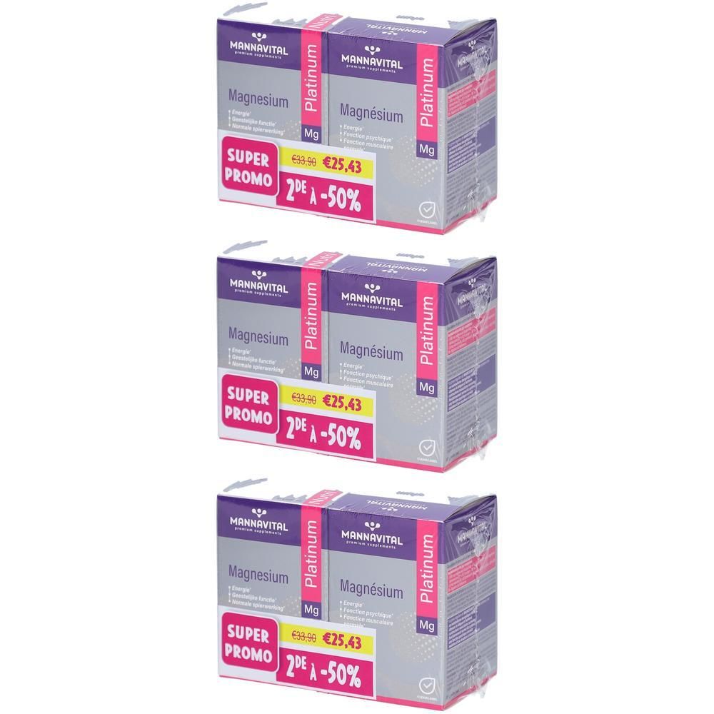Drie pakken MannaVital Magnesium Platinum met Super Promo sticker.