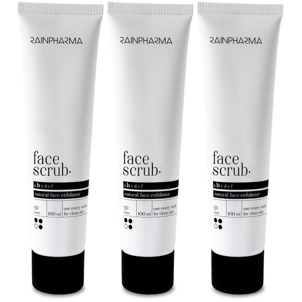 Drie tubes Rainpharma Face Scrub, wit met zwarte dop. Natuurlijke gezichtsscrub.