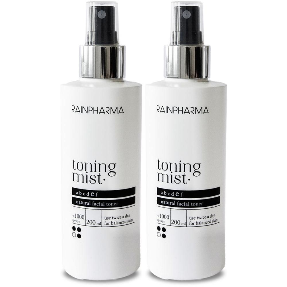 Deux flacons pulvérisateurs blancs de Rainpharma Toning Mist, tonique facial naturel.