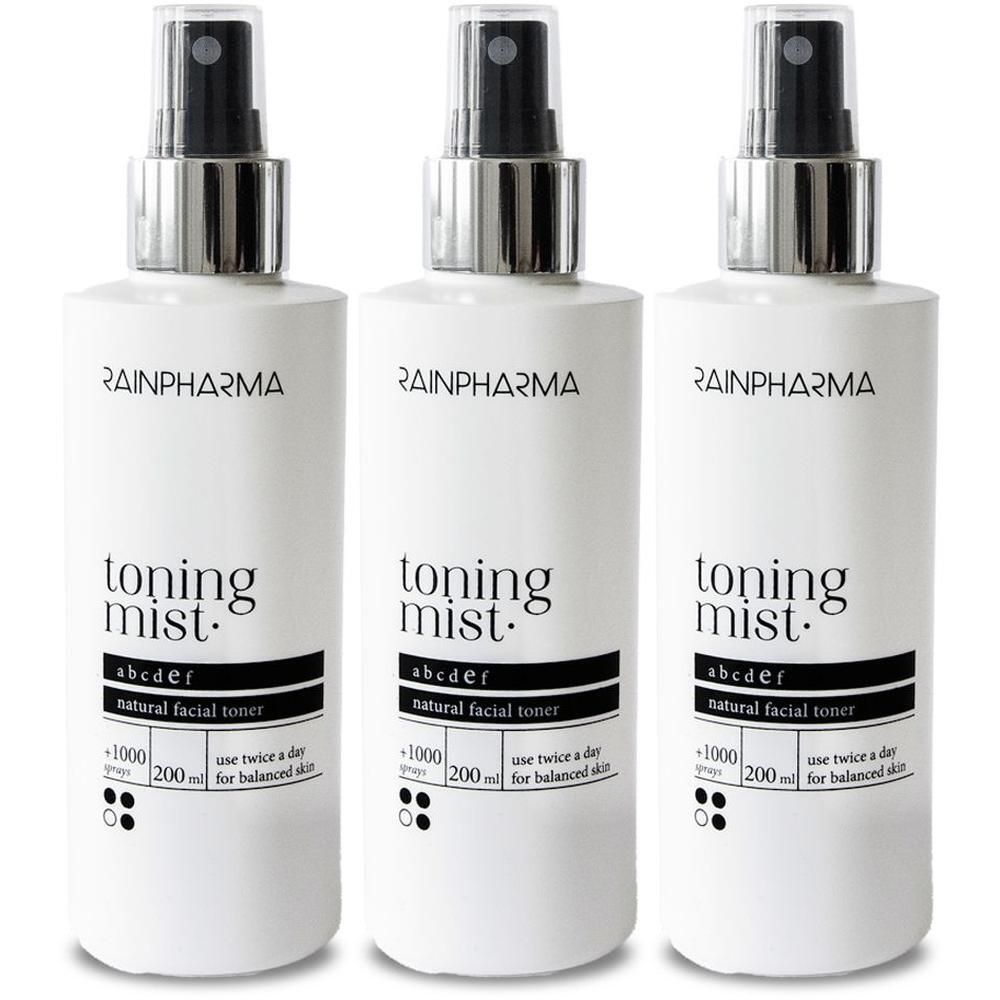 Trois flacons de Rainpharma Toning Mist, tonique naturel pour le visage.