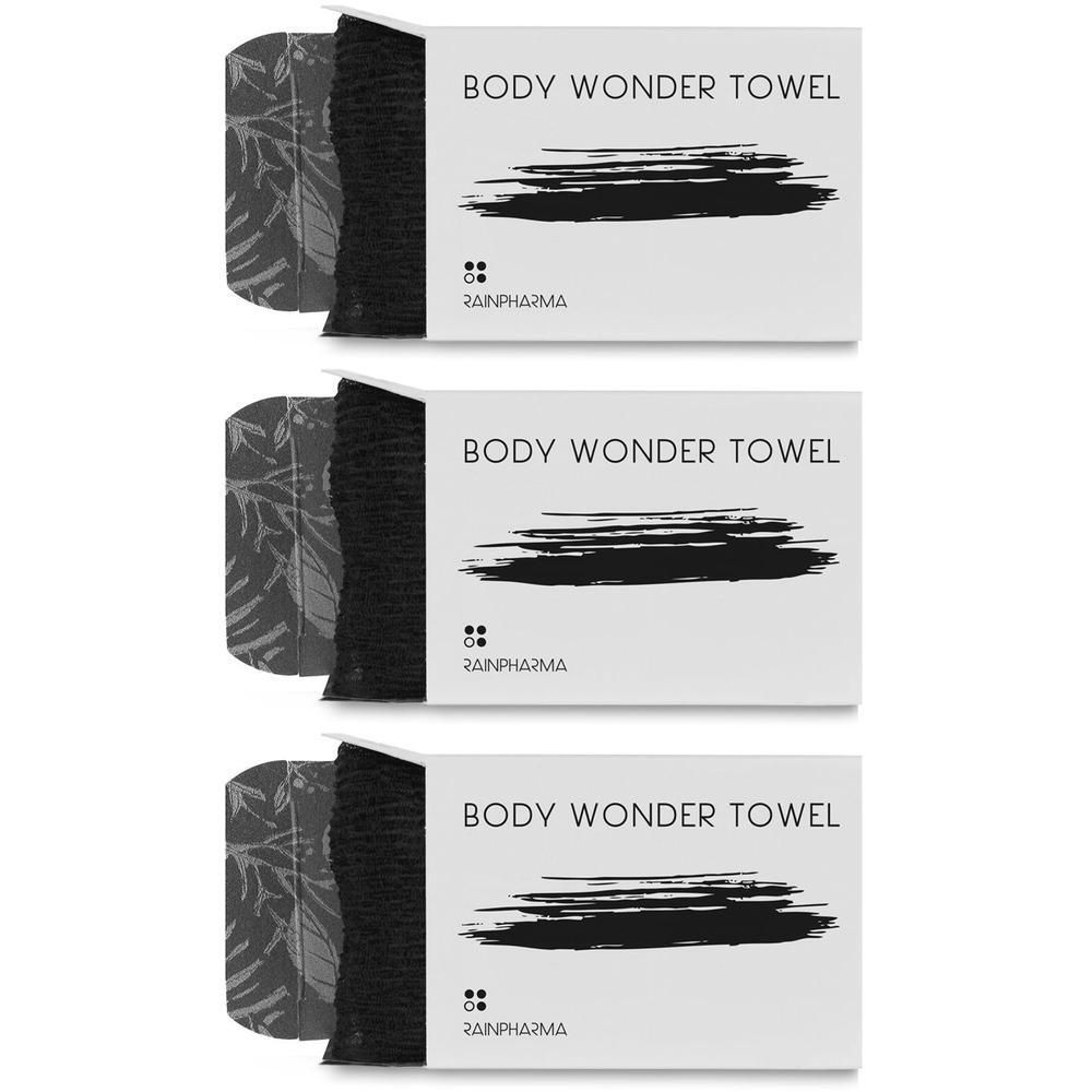 Trois paquets de serviettes Rainpharma Body Wonder, avec un motif de coup de pinceau noir et des feuilles.