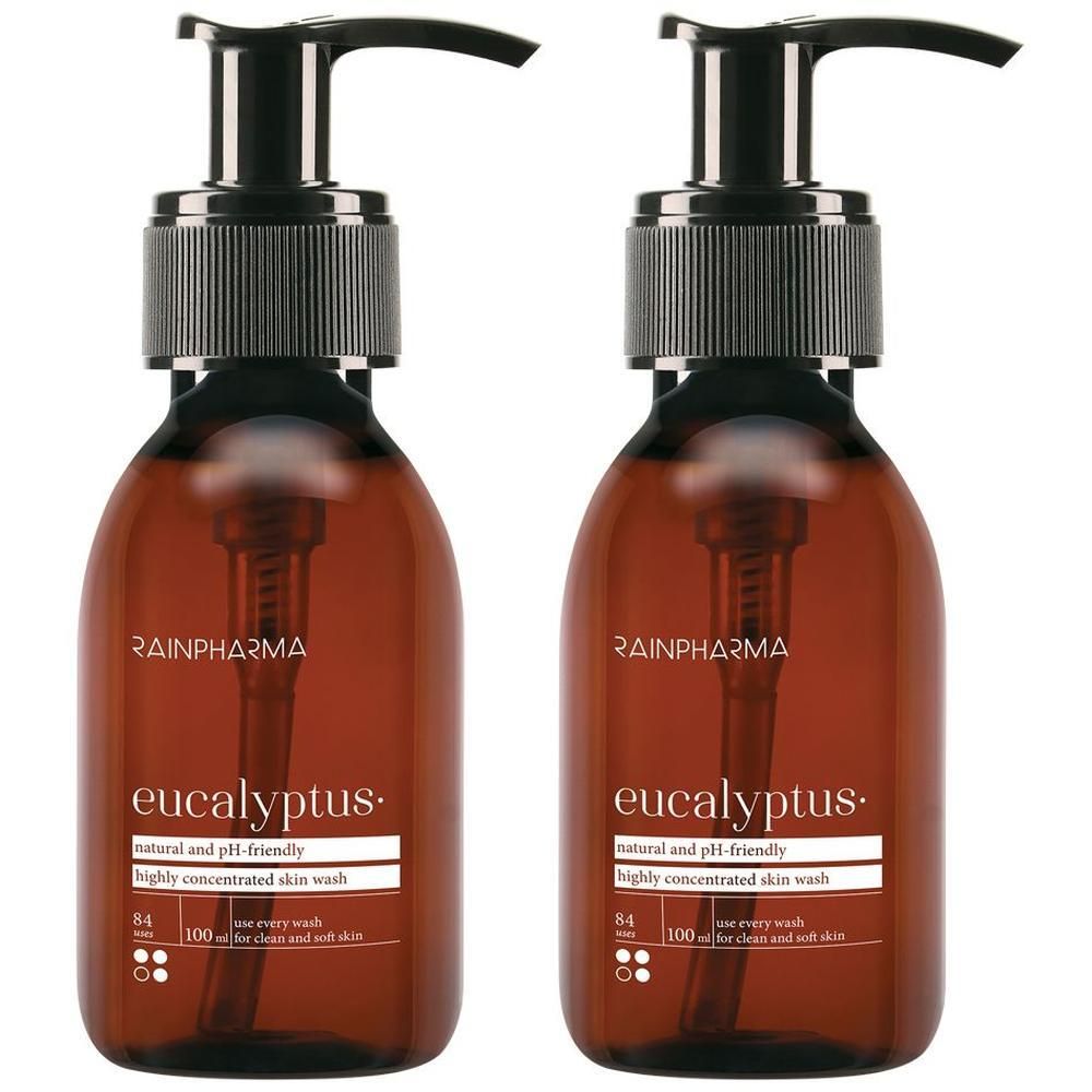 Twee bruine pompflesjes met "Rainpharma Eucalyptus" etiket.