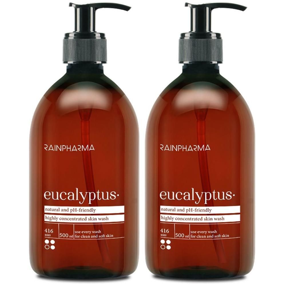 Deux flacons pompe bruns "RainPharma Eucalyptus". "Natural and pH-friendly".