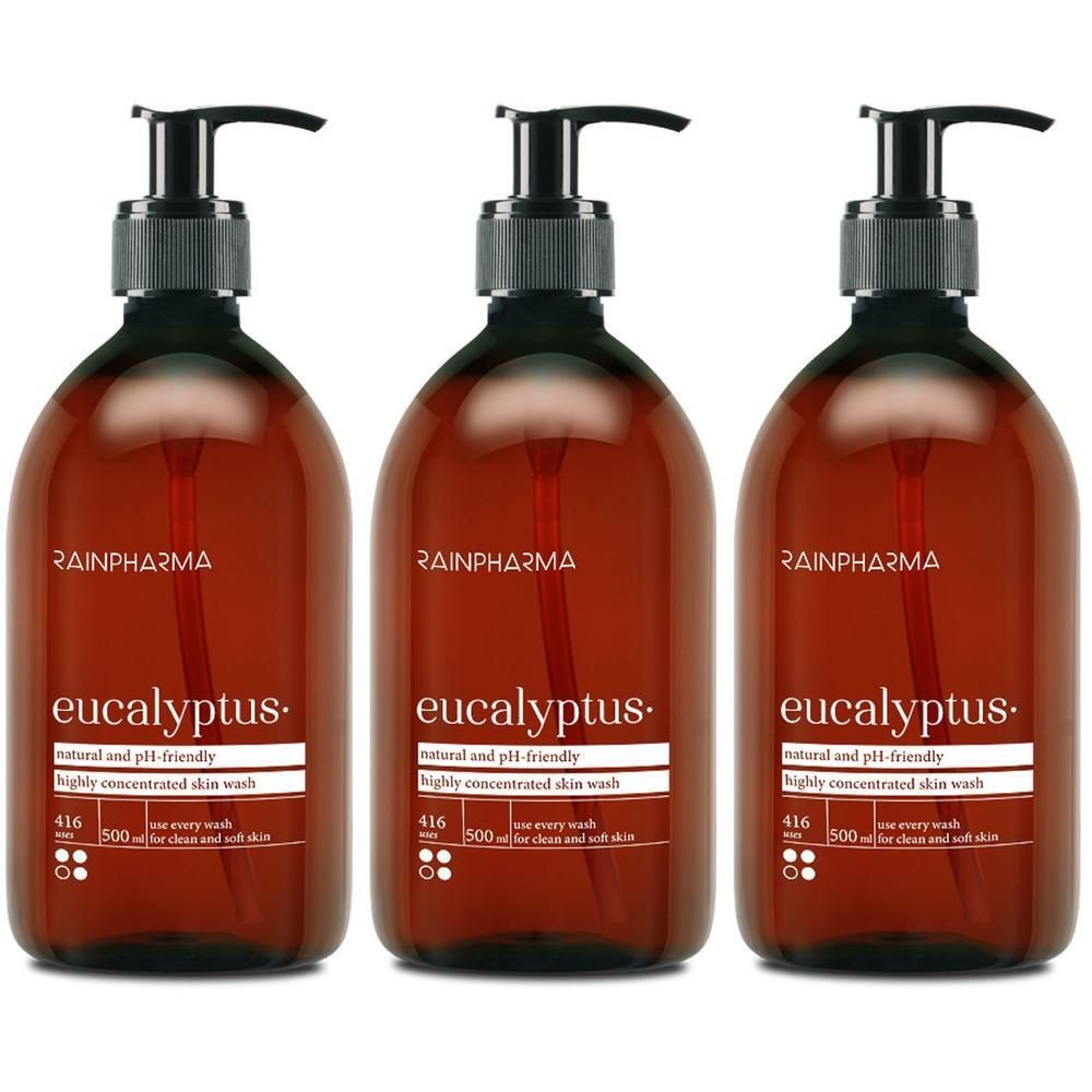 Trois flacons pompe bruns de "RainPharma Eucalyptus" Nettoyant pour la peau. Formule naturelle et respectueuse du pH.