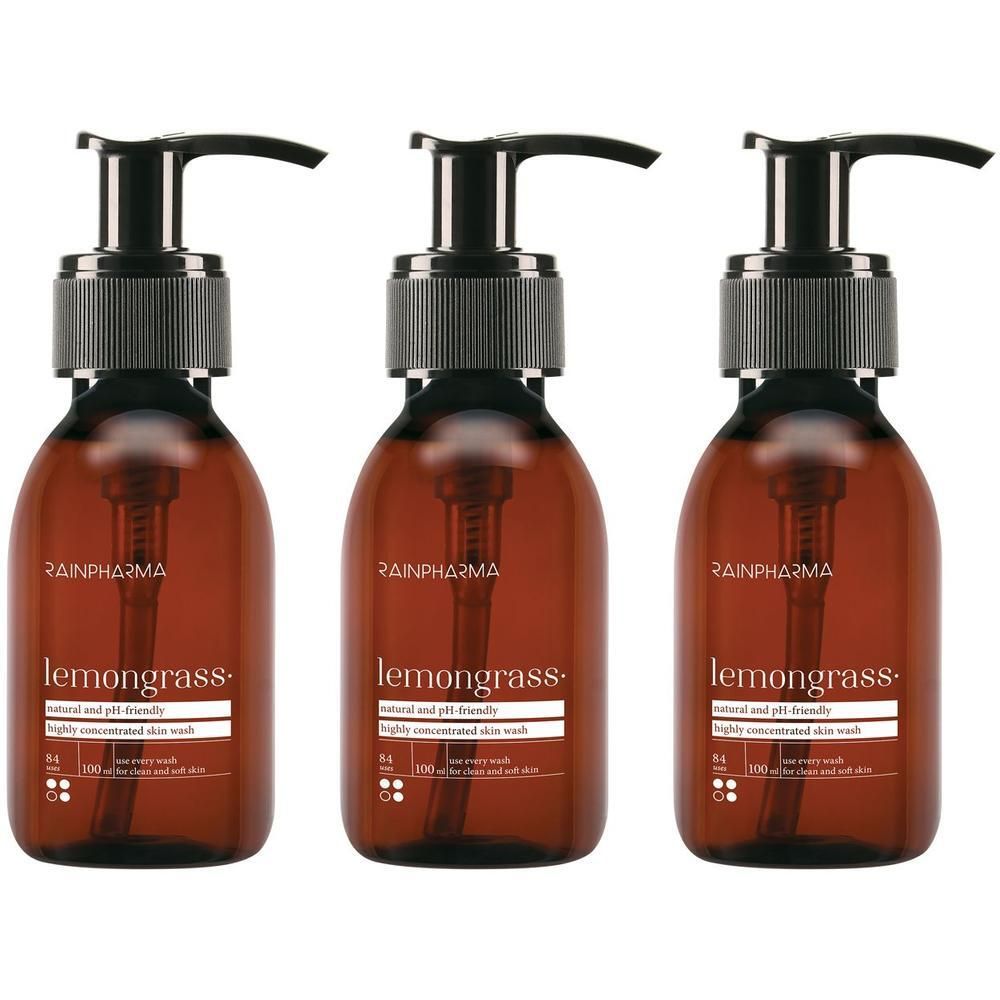 Trois flacons pompe marron avec inscription Lemongrass.