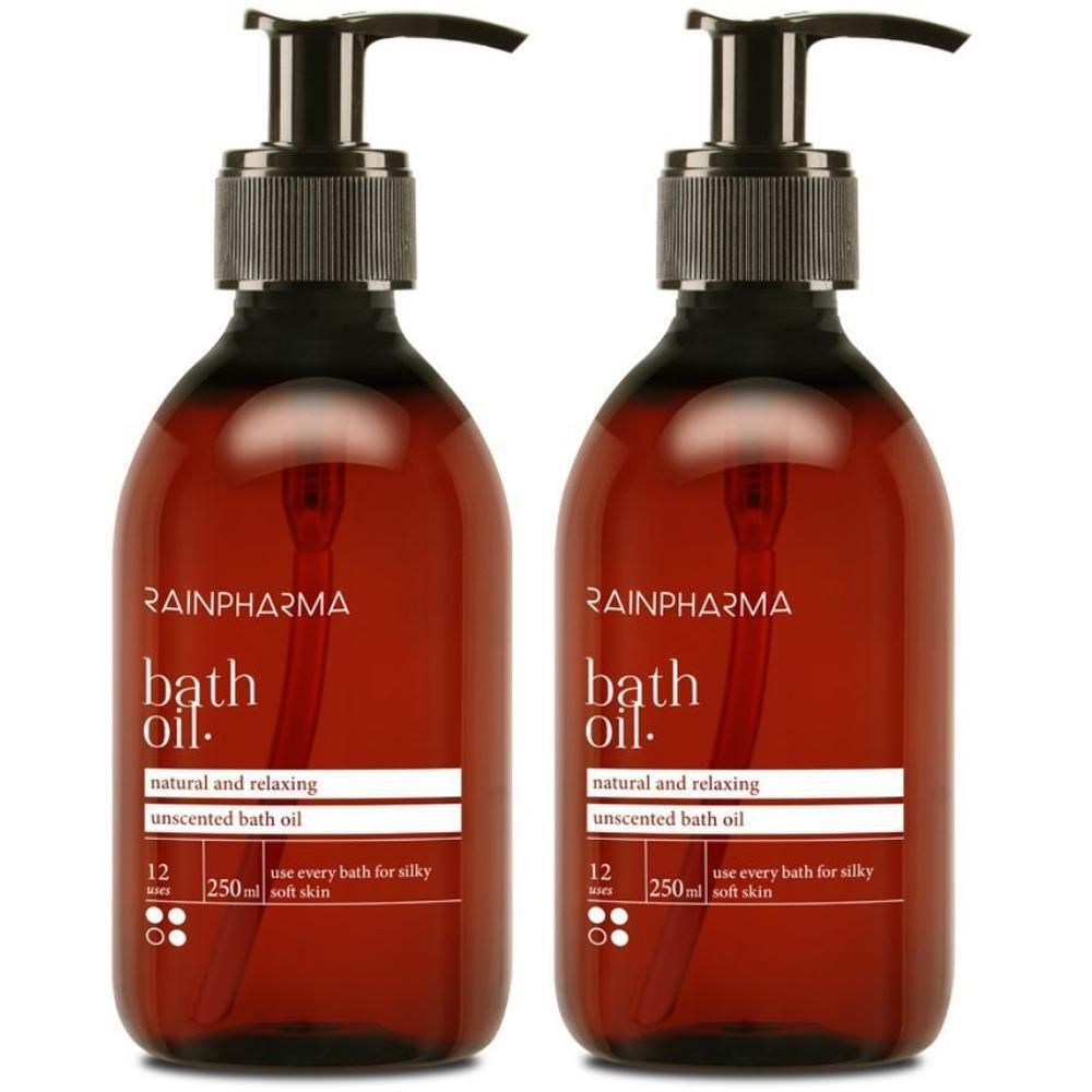 Deux flacons pompe marron contenant de l'huile de bain RainPharma. Huile de bain naturelle, relaxante et non parfumée.