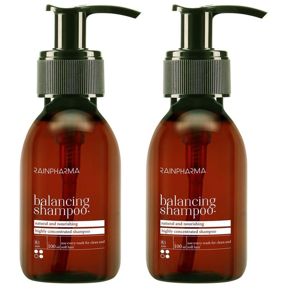 Twee bruine pompflesjes Rainpharma Balancing Shampoo, 100 ml.