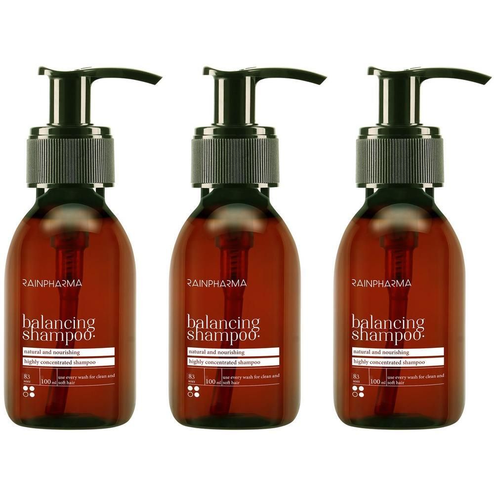 Drie bruine pompflesjes met Rainpharma Balancing Shampoo.