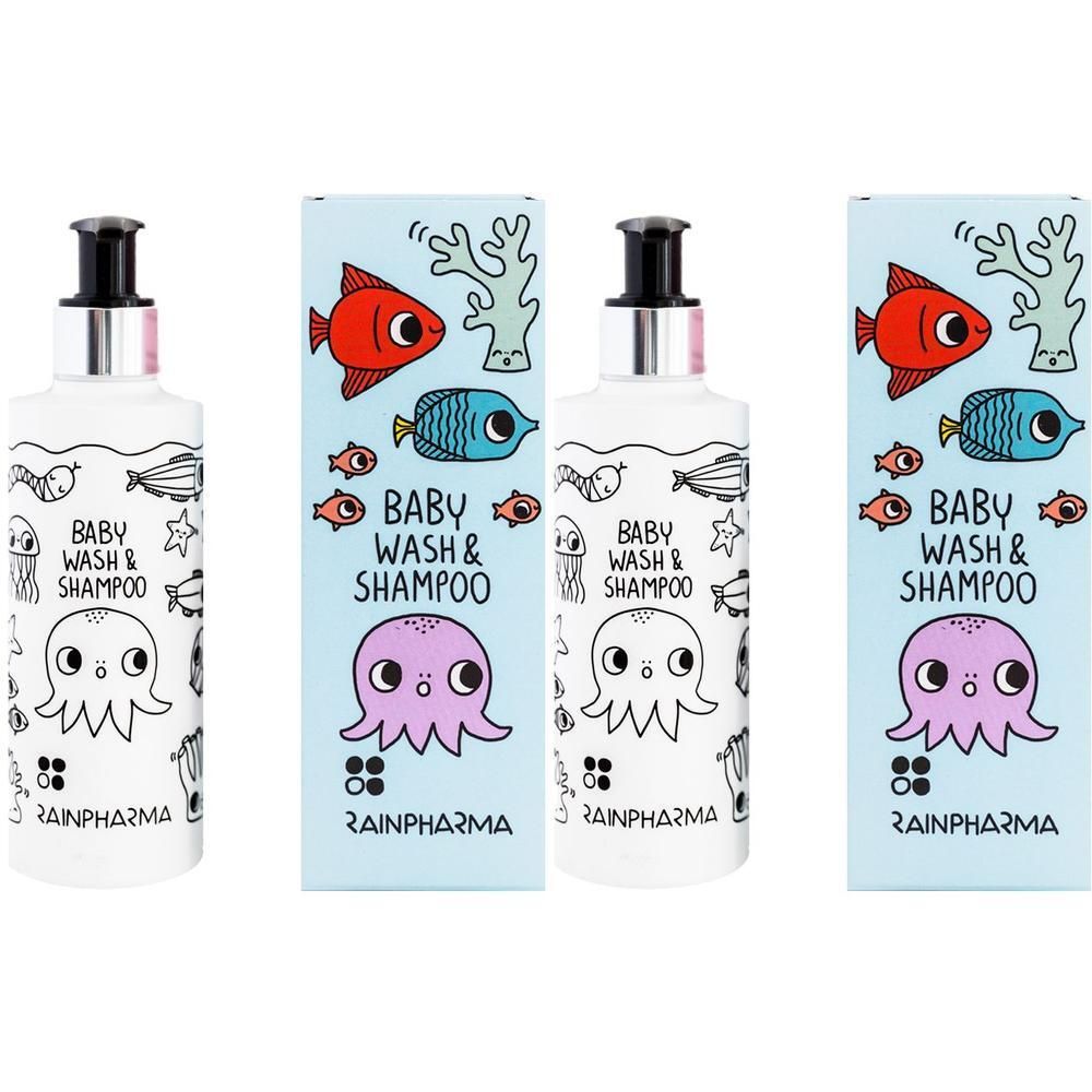 Rainpharma Baby Wash & Shampoo fles met pomp en doos, geïllustreerd met zeedieren.