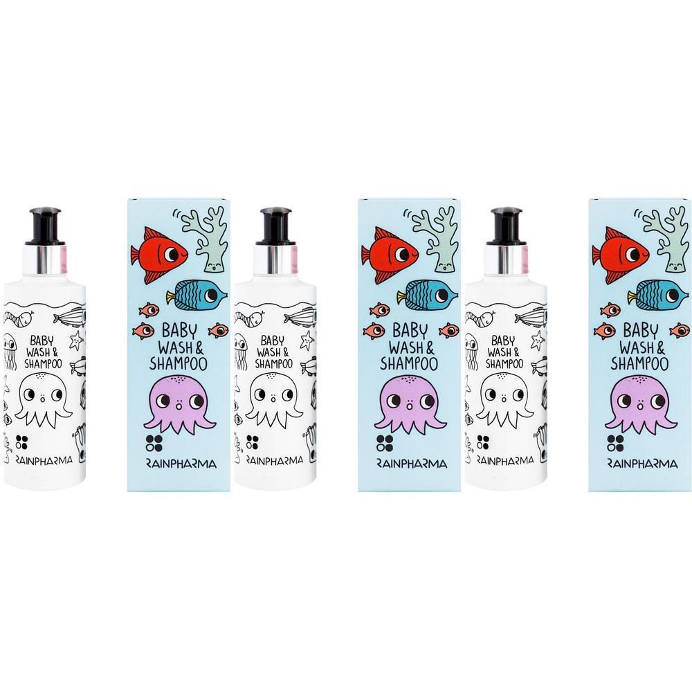 Twee flessen Baby Wash & Shampoo met octopus- en vismotieven. Een fles wordt vergezeld door een doos versierd met zeedieren.