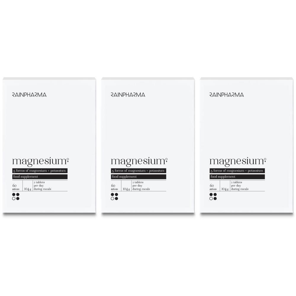 Drie pakken RainPharma Magnesium, een voedingssupplement.