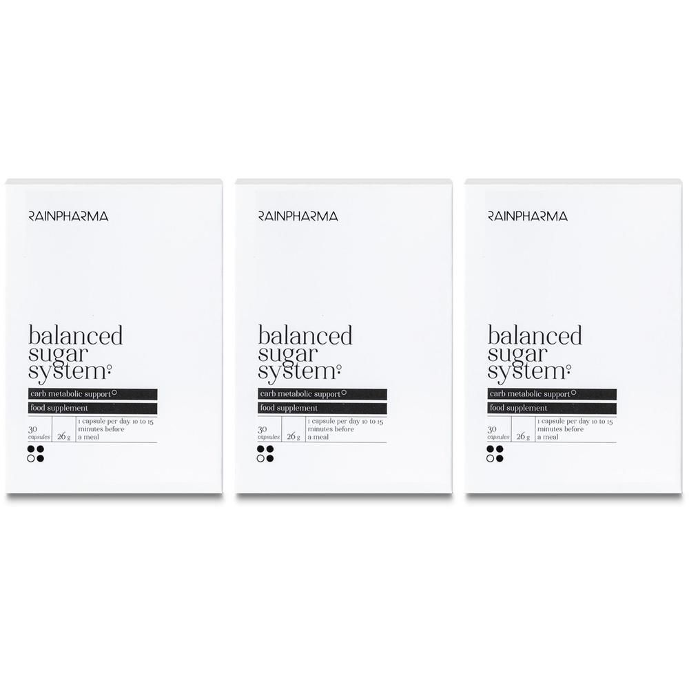 Drie pakken RainPharma Balanced Sugar System met elk 30 capsules.