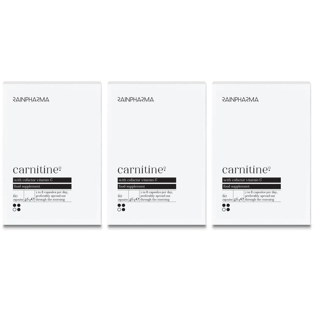 Drie pakken RainPharma Carnitine met vitamine C. Elk pak bevat 60 capsules.