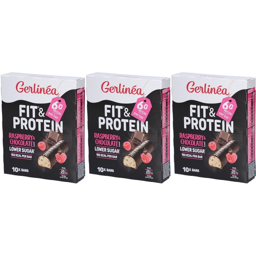 Drie pakken Gerlinéa Fit & Protein repen met framboos-chocoladesmaak. 10 repen per pak.