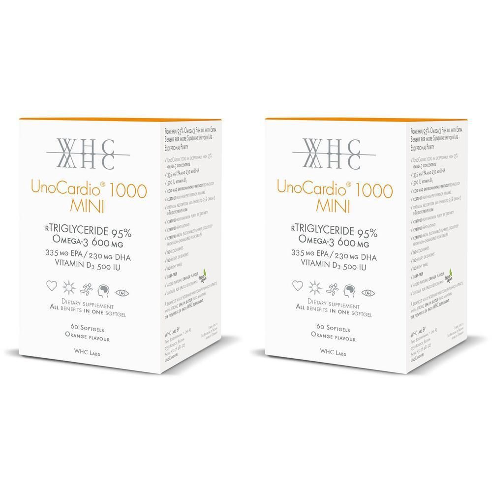 Twee pakken WHC UnoCardio 1000 MINI Omega-3 met Vitamine D3. Bevat 335mg EPA/230mg DHA.