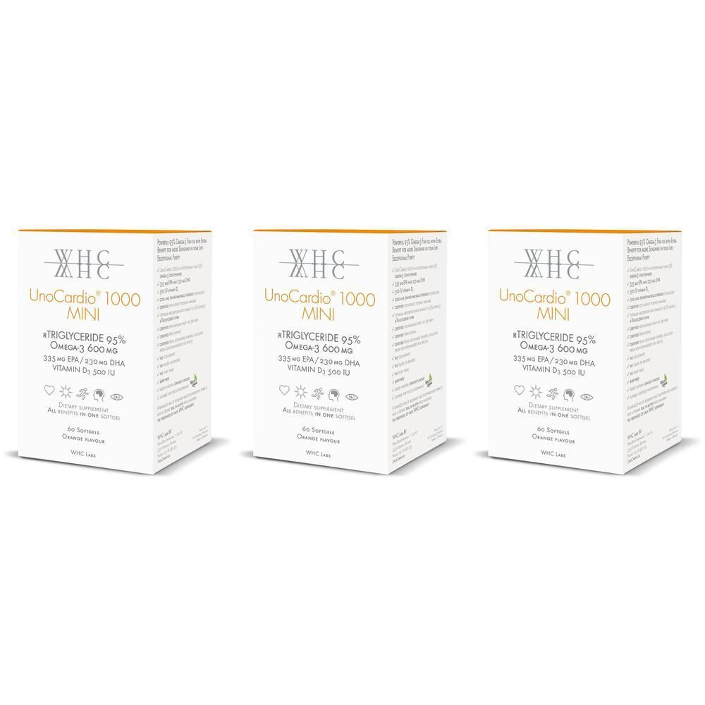 Trois boîtes de WHC UnoCardio 1000 MINI Oméga-3 + Vitamine D3. Contient 220mg EPA/120mg DHA.