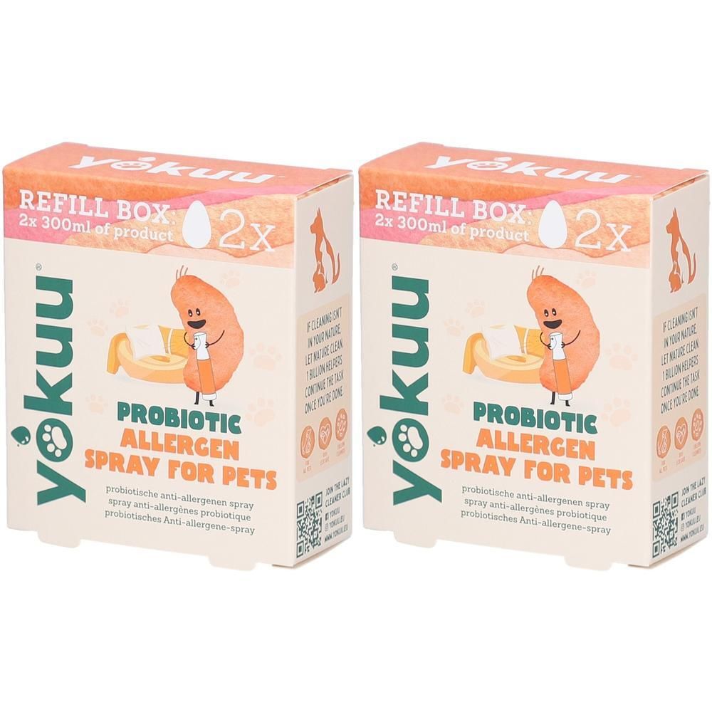 Twee Yokuu navuldozen voor Probiotische Allergenen Spray voor huisdieren, elk 300ml.