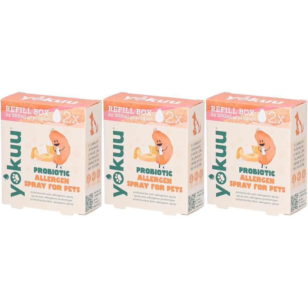 Drie Yokuu navulverpakkingen voor probiotische anti-allergeenspray voor huisdieren.